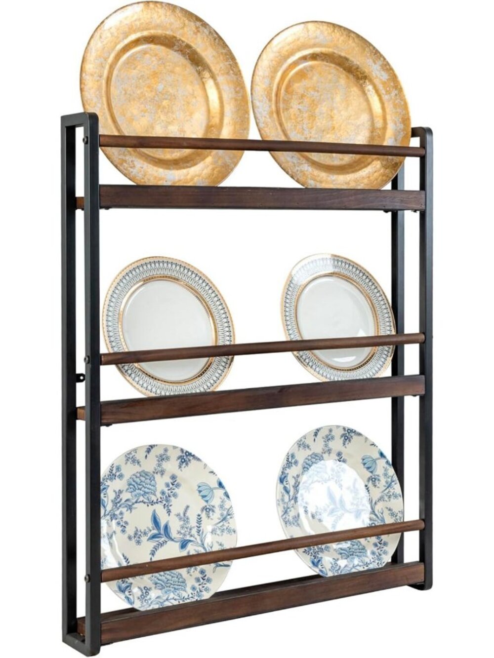 3-Tier Wall Mounted Plate Display Rack - Industrial Black Metal & Wood Holder